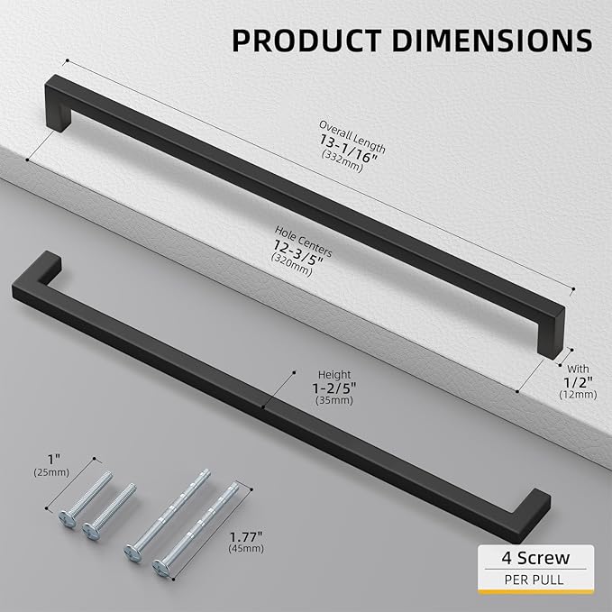 goldenwarm 200 Pack 12 3/5 Inch Black Cabinet Handles Matte Black Drawer Pulls - Image 2