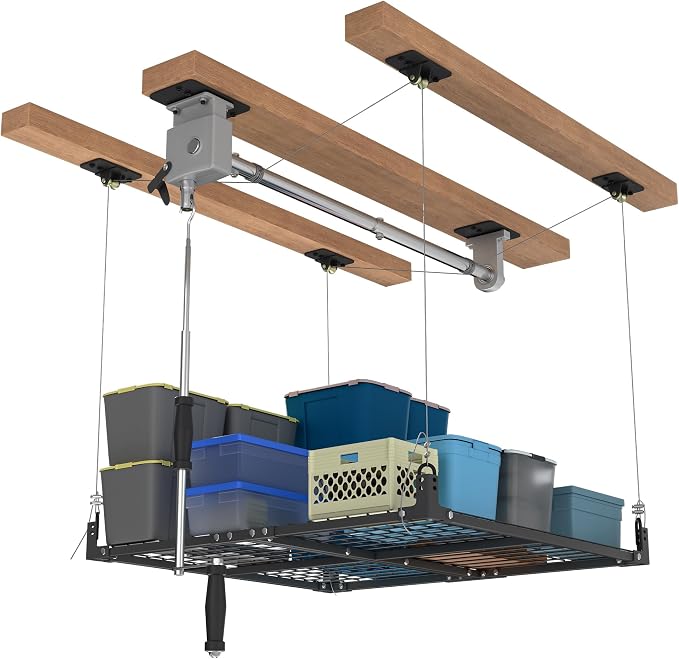Overhead Garage Storage Rack, 4x4FT Ceiling Storage Racks Lift, Adjustable - Image 7