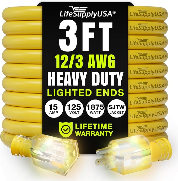 3ft Outdoor/Indoor Extension Cord 12/3 Gauge Extra Heavy Duty 3 Prong SJTW by LifeSupplyUSA