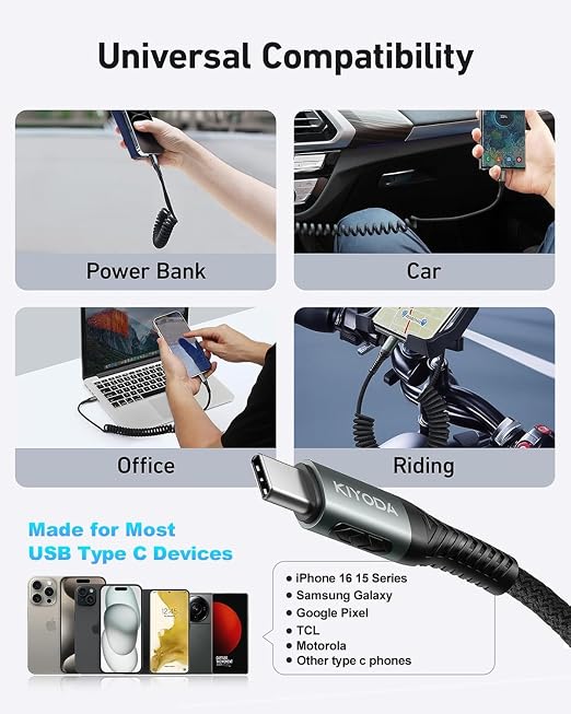 USB C Cable for Car 3FT/6FT, Coiled USB C to USB C Cable Fast Charging 66W - Image 8