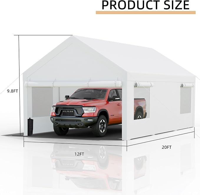 JY QAQA Carport, 12x20 FT Heavy Duty Carport Reinforced Steel Poles - Image 3
