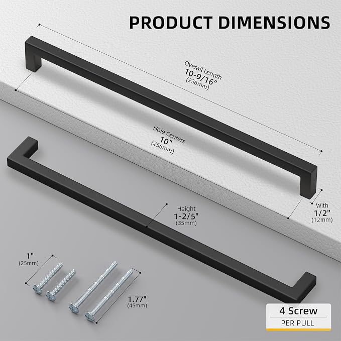 Goldenwarm 10 Pack Black Square Bar Cabinet Pull Drawer Handle Stainless Steel - Image 2