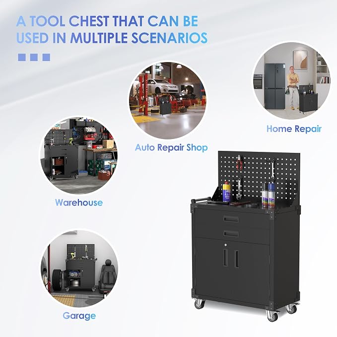 Black Tool Cart with Pegboard and 4 Hooks, Garage Storage Cabinet on Wheels - Image 5