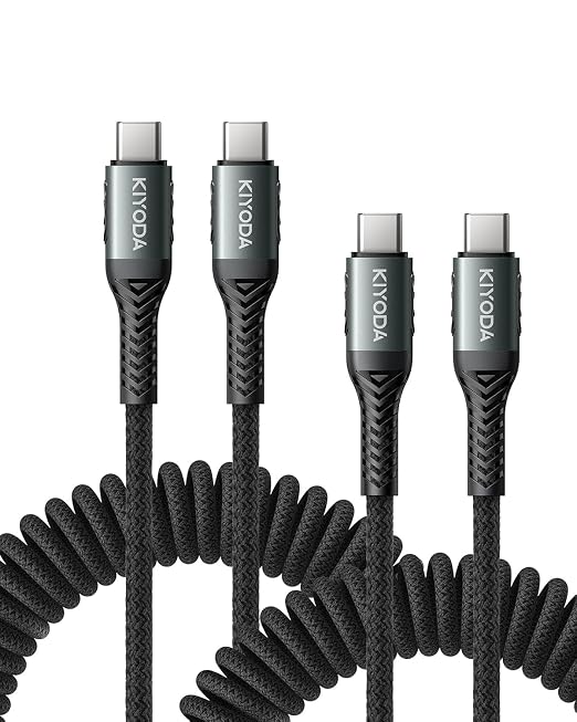 USB C Cable for Car 3FT/6FT, Coiled USB C to USB C Cable Fast Charging 66W by KIYODA
