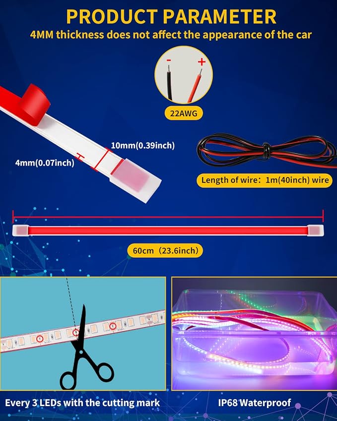 Pink Led Strip Lights, 24inch 12V Interior Light Strip IP68 Waterproof Cuttable - Image 4