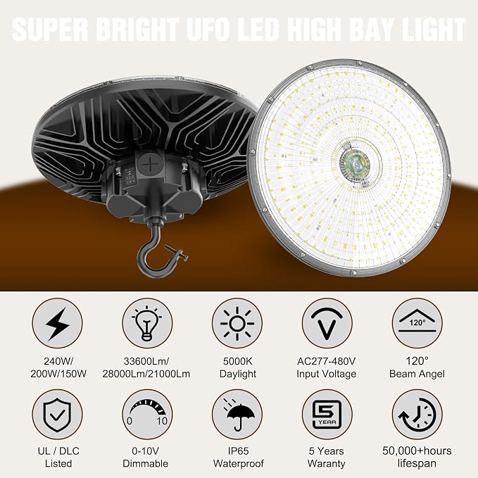 3 Pack 480V LED High Bay Light UL DLC Listed UFO Light 240W 200W 150W Adjustable - Image 2