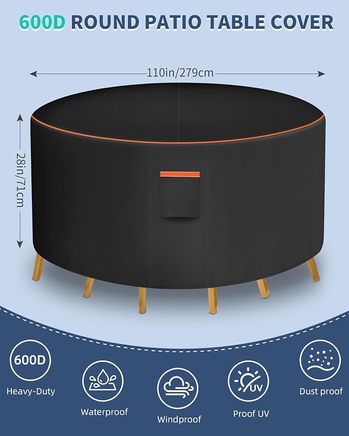 Round Patio Furniture Cover, 110 Inch Diameter Waterproof 600D Heavy Duty Table - Image 2