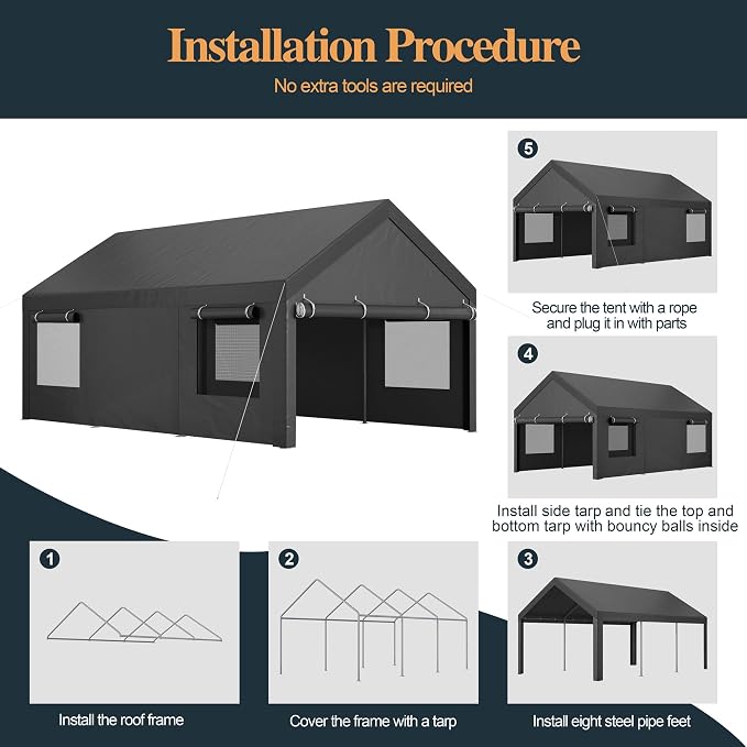 Shintenchi Carport 10' x 20' Heavy Duty Portable Garage, Car Port Canopy - Image 6