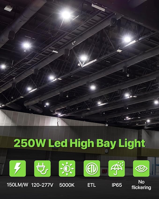 250W UFO LED High Bay Shop Light 6-Pack 150LM/W 37, 500LM Output High Bay Led - Image 2