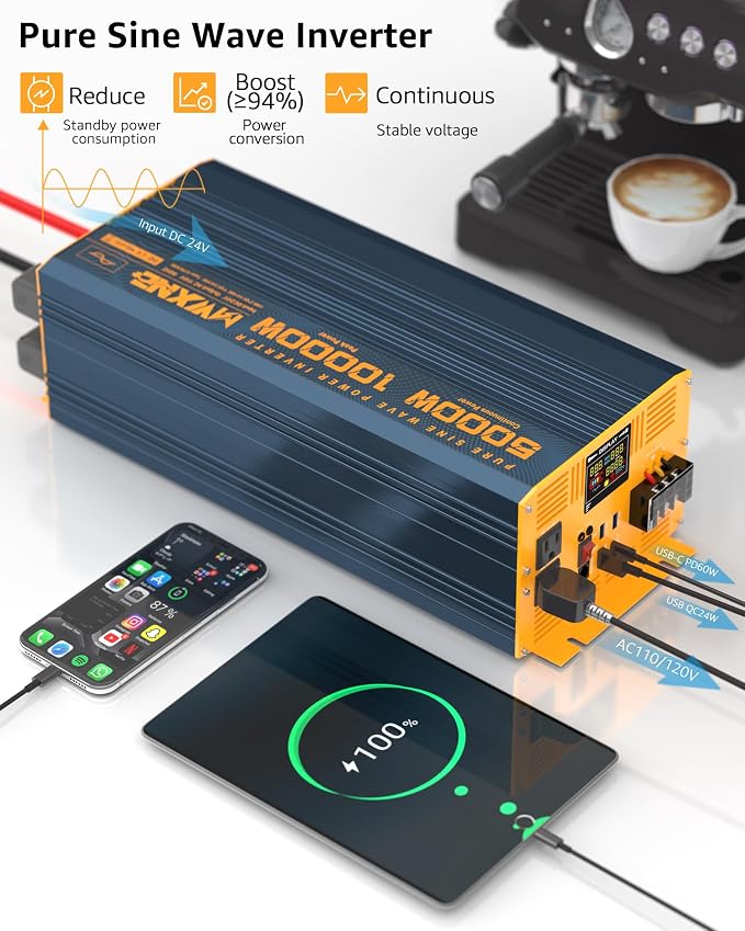 5000 Watt Power Inverter Pure Sine Wave 12V DC to 110V 120V 10000W Peak Heavy - Image 5