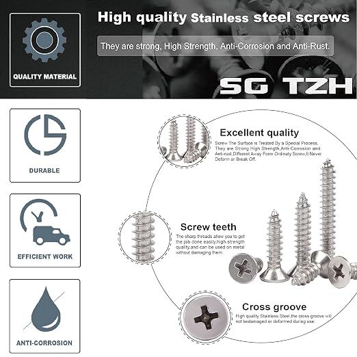 #12 x 1-1/4" Wood Screw 100Pcs 18-8 Stainless Steel Screws Flat Head Phillips - Image 4