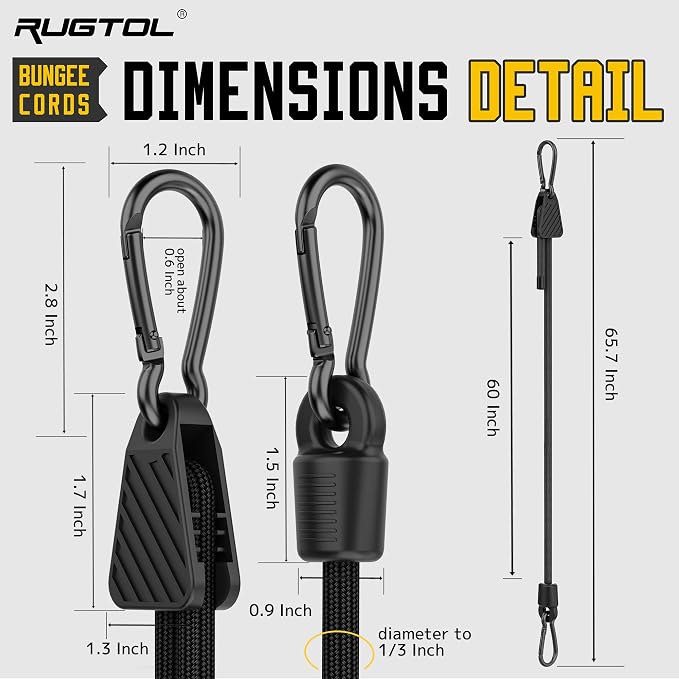 Bungee Cords with Hooks, 60 Inch Adjustable Elastic Bungee Cords with Carabiner - Image 2
