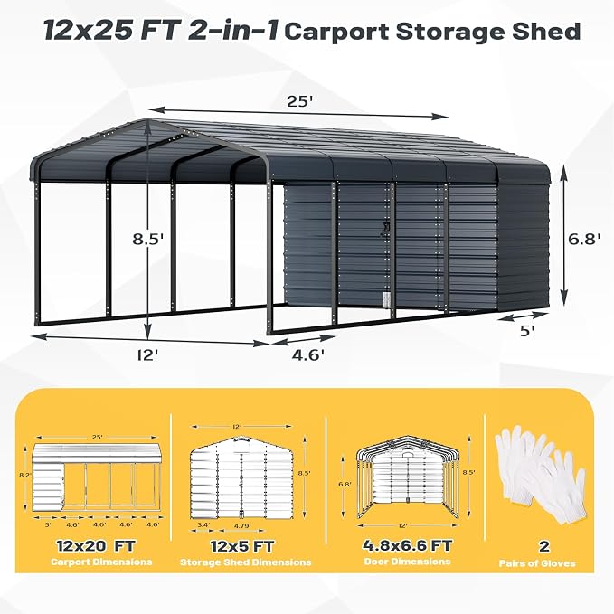 EROMMY 12x25 FT Carport Storage Shed 2-in-1, Heavy Duty Car Port - Image 2