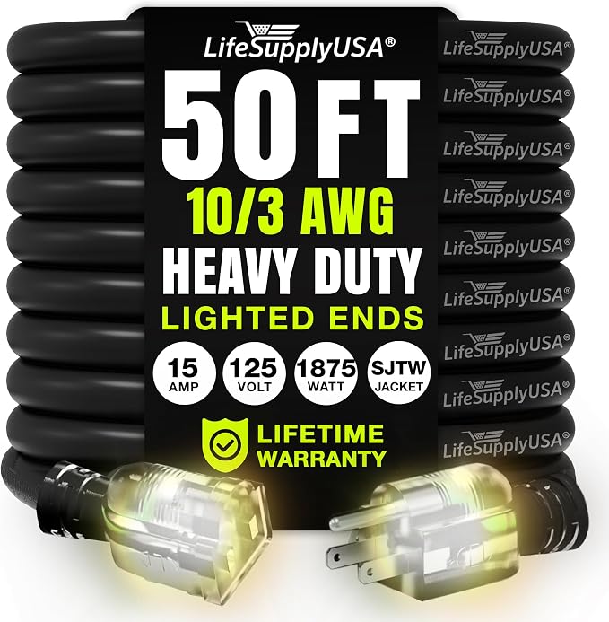 50ft Outdoor/Indoor Extension Cord 10/3 Gauge Ultra Heavy Duty 3 Prong SJTW by LifeSupplyUSA
