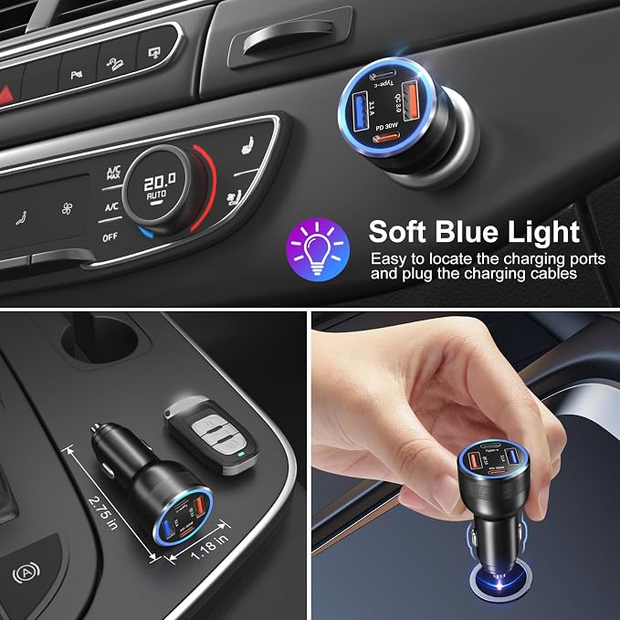 USB C Car Charger 3 Pack, Bangfun 4-Port 65W Dual 12V USB-C & USB A Car Charger - Image 3