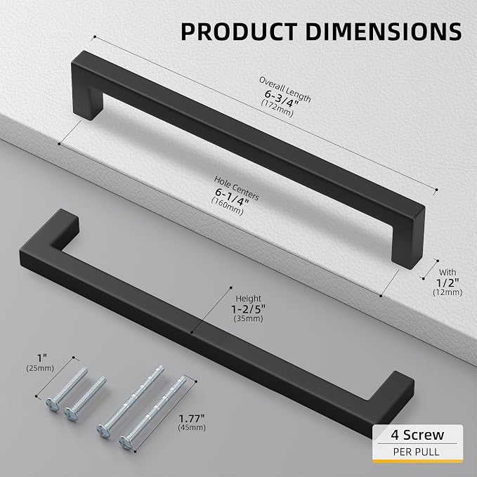 goldenwarm 22 Pack 6-1/4INCH Black Square Bar Cabinet Pull Drawer Handle - Image 2
