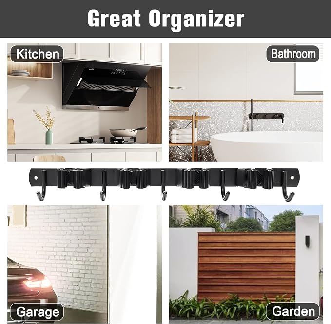 Mop and Broom Holder Wall Mount 4 Racks and 5 Hooks Broom Organizer Storage - Image 2