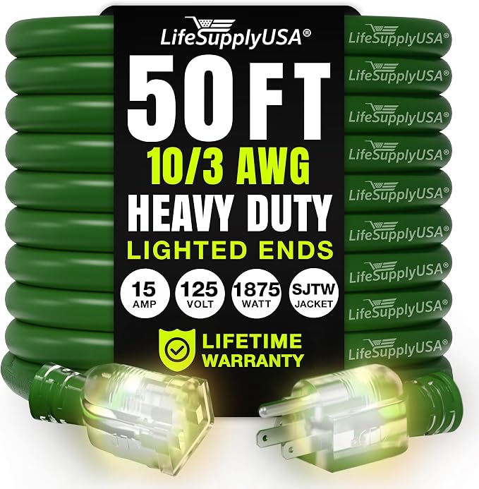 50ft Outdoor/Indoor Extension Cord 10/3 Gauge Ultra Heavy Duty 3 Prong SJTW by LifeSupplyUSA