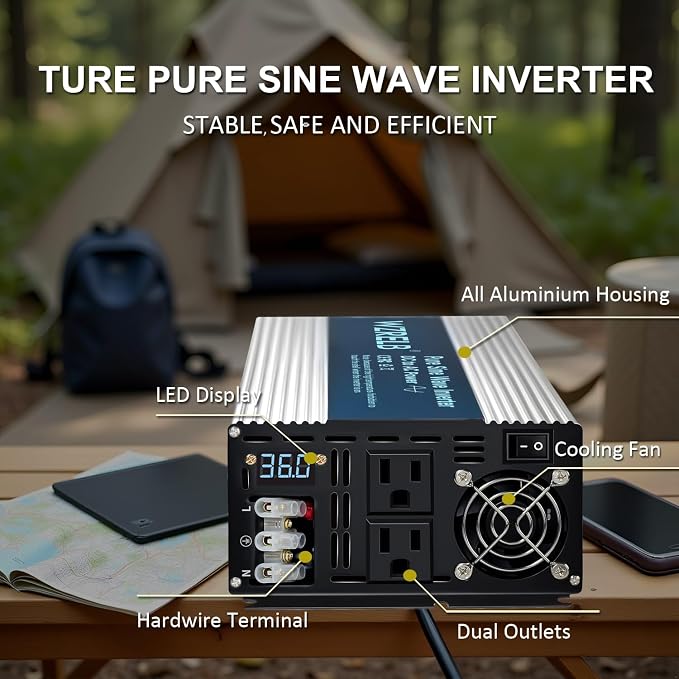 WZRELB 4000W Pure Sine Wave Inverter, Car Power Inverter 36V DC to 110V 120V AC - Image 2