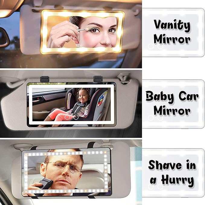 Car Visor Vanity Mirror with Rechargeable LED Lights, 3 Light Modes & Dimmable - Image 4