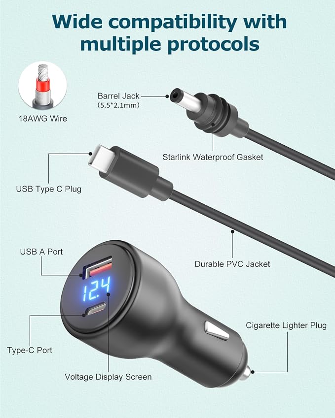 3 in 1 Starlink Mini Cable Cigarette Lighter 10FT Car Adapter - Image 5