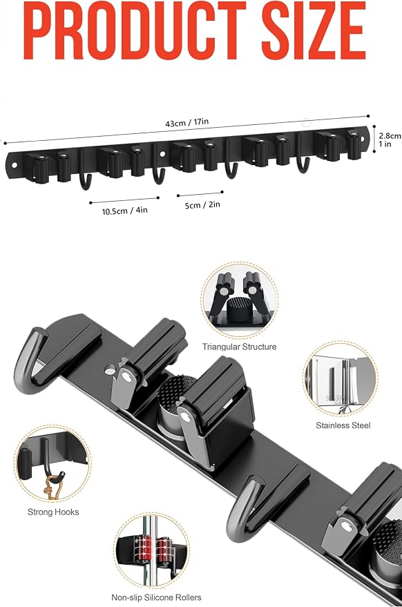 2 Pack Mop and Broom Holder Wall Mount, Upgraded Broom Hanger Wall Mount - Image 5