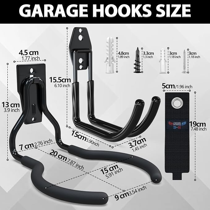 3-H Weed Eater Hanger 2 Pack, 2 Large Garage Wall Hooks, 1 Extension Strap - Image 3