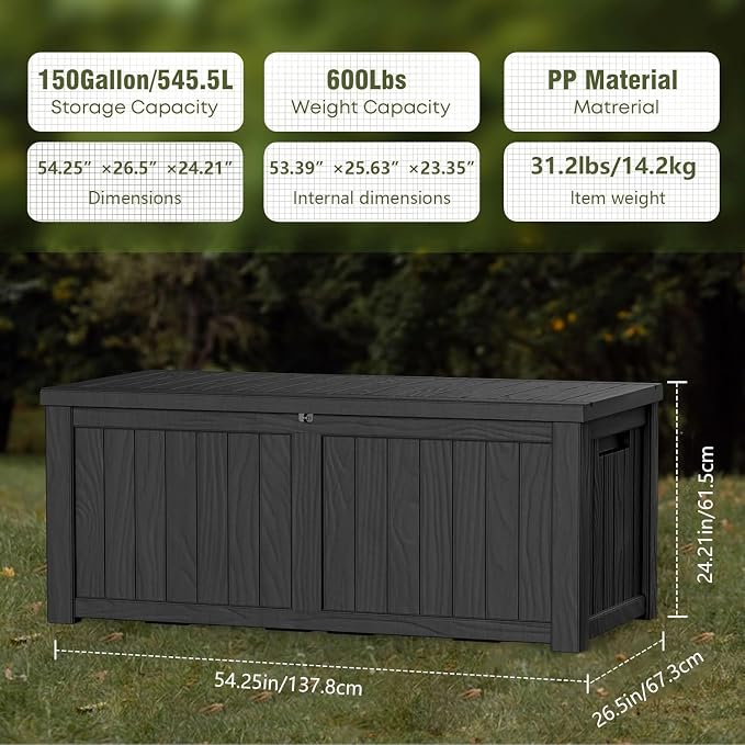 150 Gallon Outdoor Storage Box Patio Deck Box Waterproof, Resin Lockable - Image 2