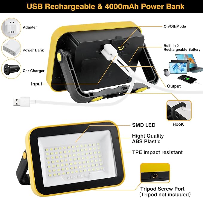 Rechargeable Work Light with Tripod Hole, 40W Waterproof Portable Flood Light - Image 4