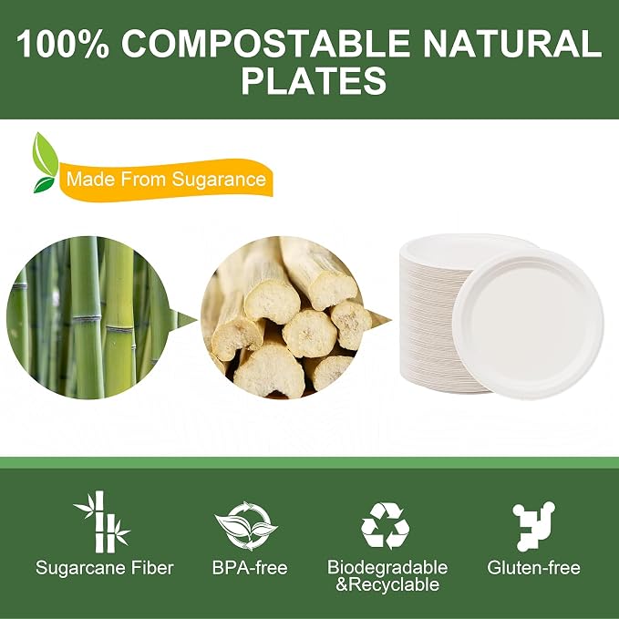 WELLIFE 100% Compostable Paper Plates 7 Inch, Biodegradable Bagasse, - Image 4