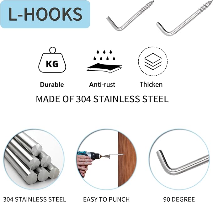 304 Stainless Steel M5 Screw-in Hooks 60 Pcs, 7 Shape Screw Hooks, Right Angle - Image 3