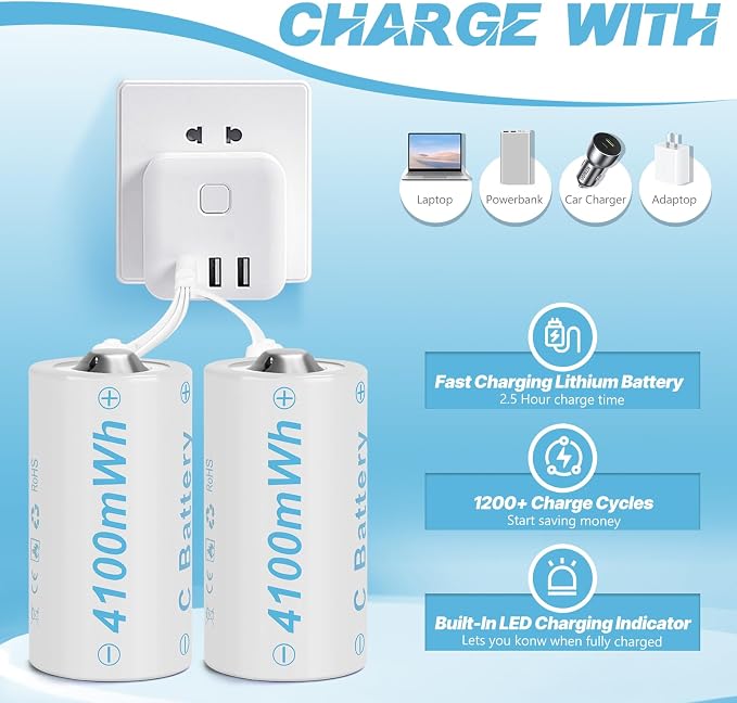 Rechargeable Lithium C Battery 4 Pack, Batteries c Size，Long Lasting1.5V C - Image 2