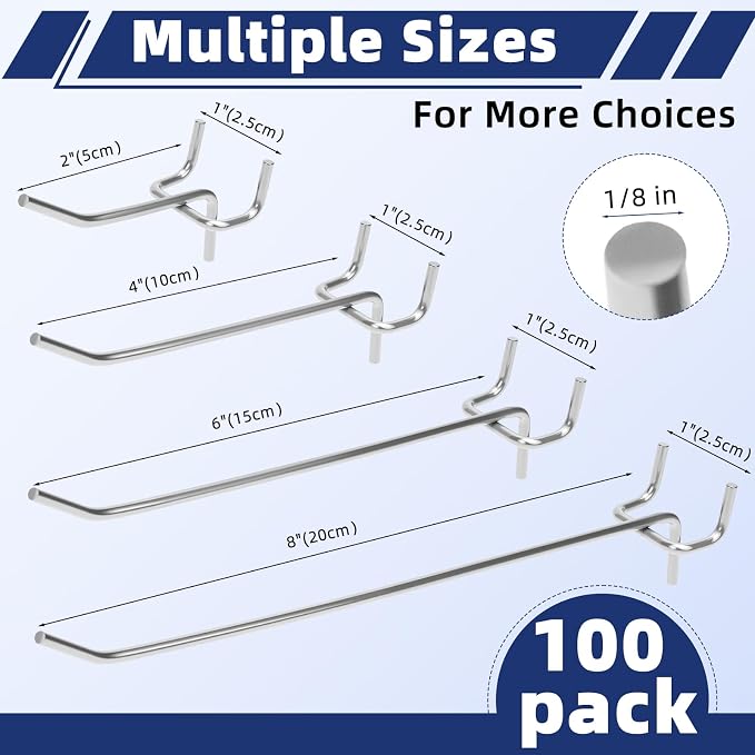 100 Pack Pegboard Hooks Heavy Duty 2 4 6 Inch Pegboard Hooks 1/8 Stainless - Image 2