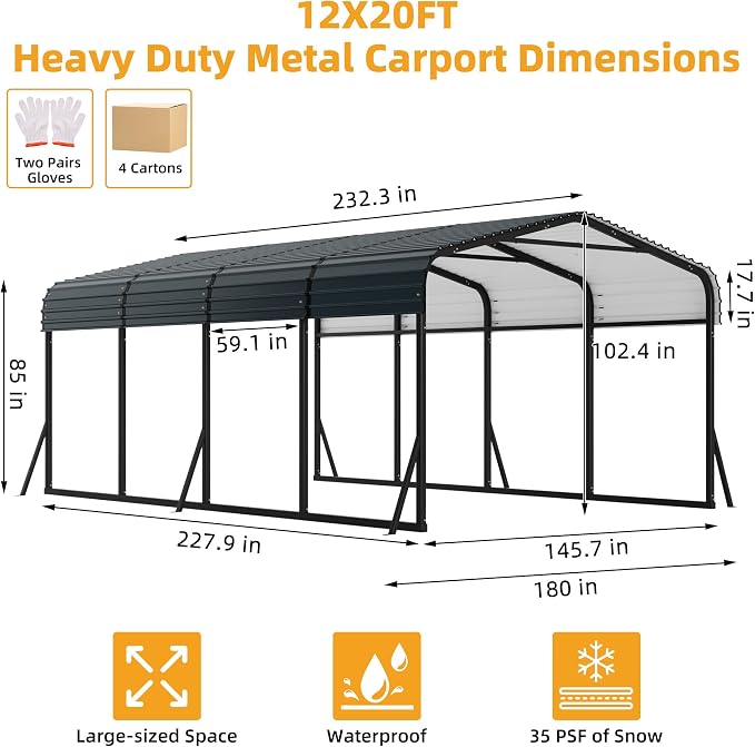 12x20 Ft Carport, Metal Carport - Image 2