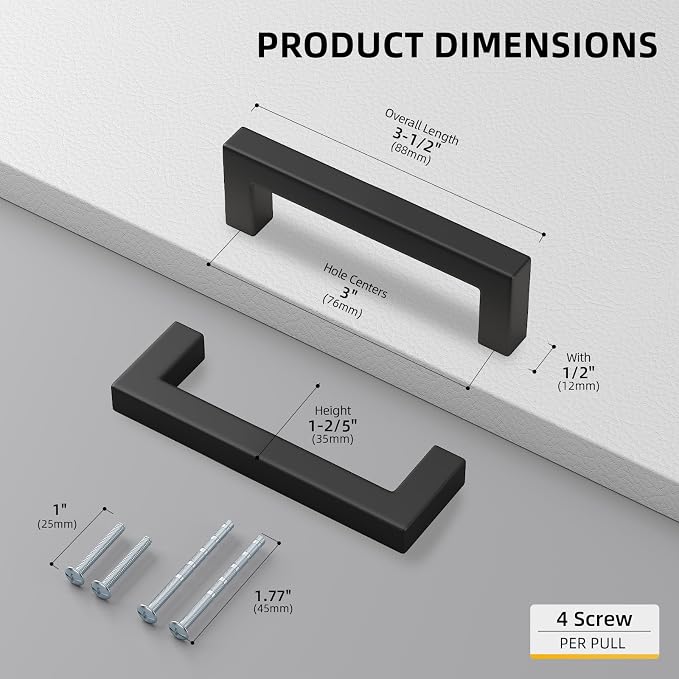 goldenwarm 3 Inch 50 Pack Matte Black Flat Square Bar Kitchen Hardware Closet - Image 2