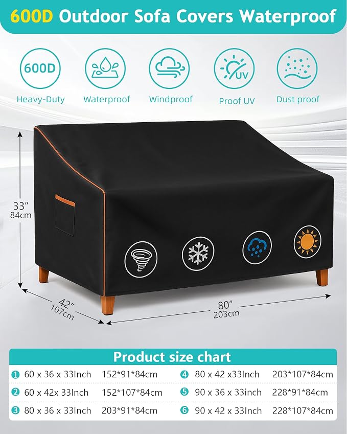 Outdoor Sofa Cover, Waterproof Patio Furniture Cover 80W x 42D x 33H inches - Image 3