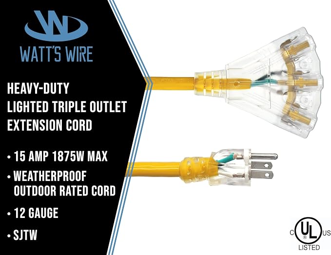 50 ft - 12 Gauge Heavy Duty Extension Cord - 3 Outlet Lighted SJTW - - Image 2