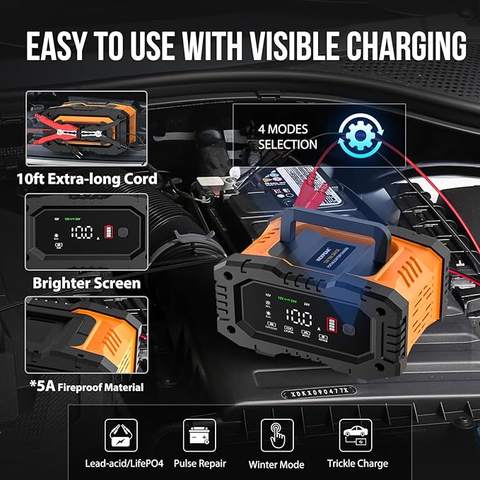 NEXPEAK NC202 10-Amp Battery Charger, 12V 24V LiFePO4 Lead Acid Portable Car - Image 4