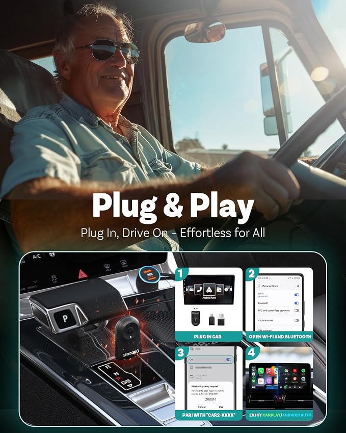 OTTOCAST Mini 2025 Wireless CarPlay & Android Auto 2-in-1 Adapter, Plug & Play - Image 3
