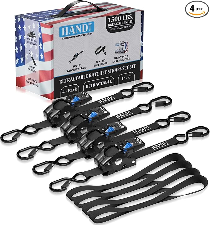 HandT USA Based Retractable Ratchet Straps 1in x 6ft by HANDT