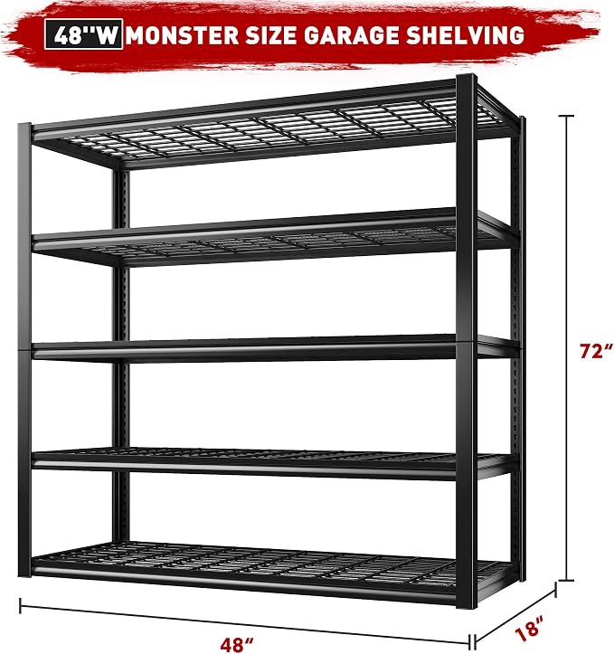 REIBII 48" W Garage Shelving Heavy Duty Load 2500LBS, 5 Tier Storage Shelves - Image 2