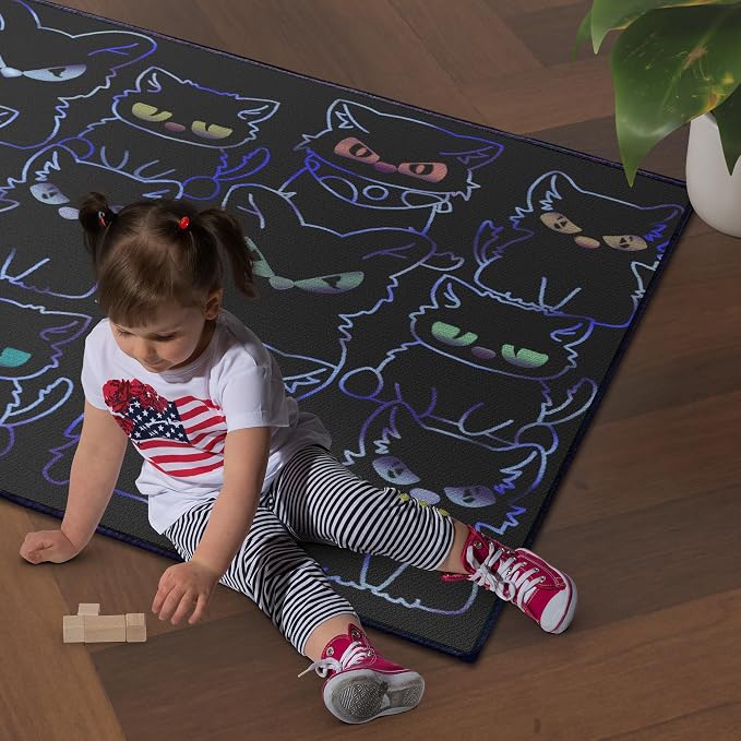 Black Play Cat Rug for Playroom for Boys Girls 2x3 Funny Cute Cat Cartoon Decor - Image 2