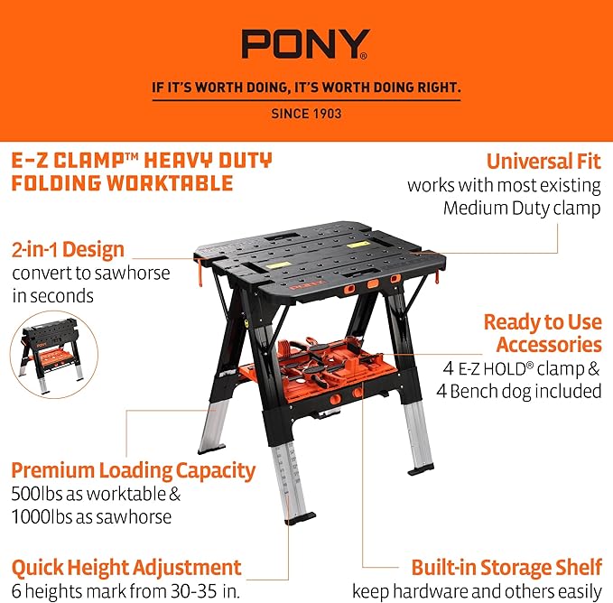 Pony Portable Folding Work Table, 2-in-1 as Sawhorse & Workbench, 31” W×25” - Image 3