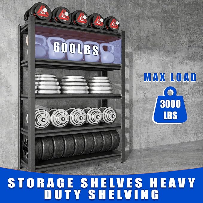 63"H Garage Shelving Heavy Duty Rack, 3000 LBS Large Capacity 5 Tier Adjustable - Image 7
