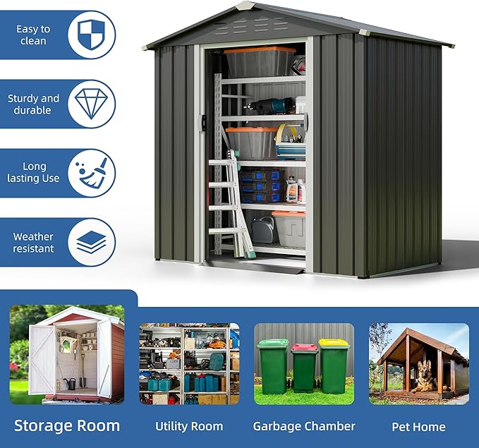 JYQAQA 6x4 FT Outdoor Garden Storage Shed, Waterproof Metal Garden Sheds - Image 4