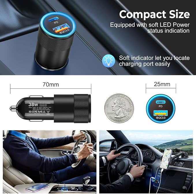 6 Pack USB C Car Charger, Ancekoy 38W Dual USB-C + USB-A Car Charger Adapter - Image 5