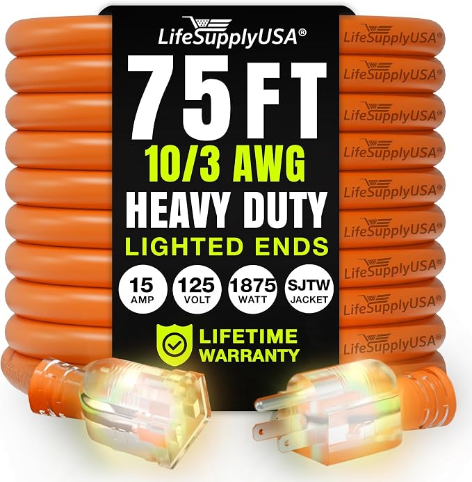 75ft Outdoor/Indoor Extension Cord 10/3 Gauge Ultra Heavy Duty 3 Prong SJTW by LifeSupplyUSA