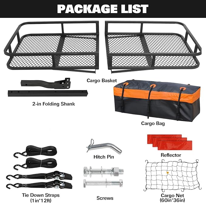 WEIZE Folding Hitch Mount Cargo Carrier Basket 60" x 20" x 6" - Image 2
