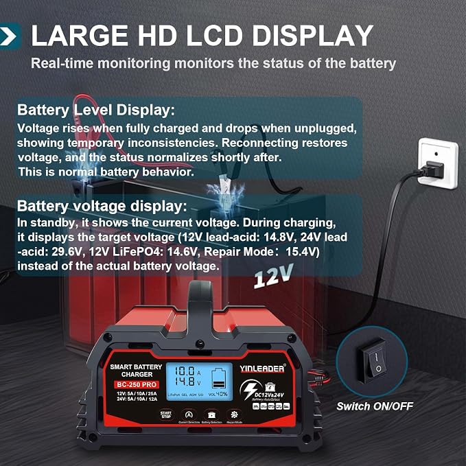Battery Charger 25A, 12V/24V Lead Acid Smart Battery Charger, 12V LiFePO4 Car - Image 8
