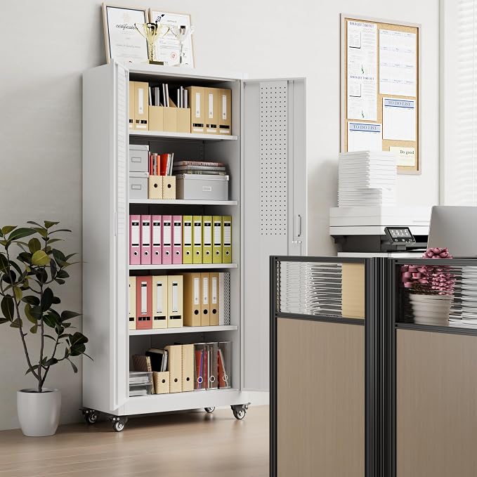 Garage Storage Cabinet with with Pegboard and Wheels, Tool Storage, Home Office - Image 2